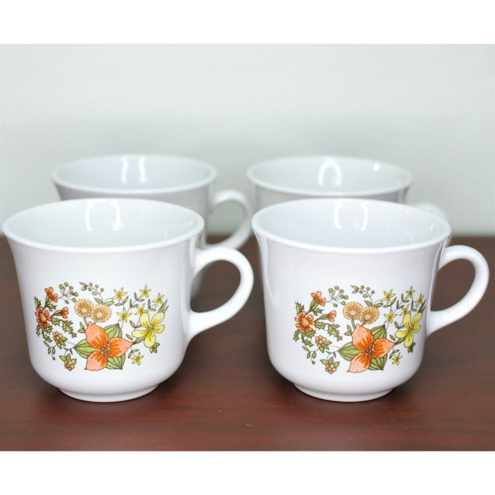 Set of 4 Corelle Tea Cups "Indian Summer" Coffee Cups Floral Trillium Primrose